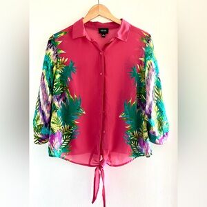 Nicole Miller sheer tie front blouse size small, pink and green